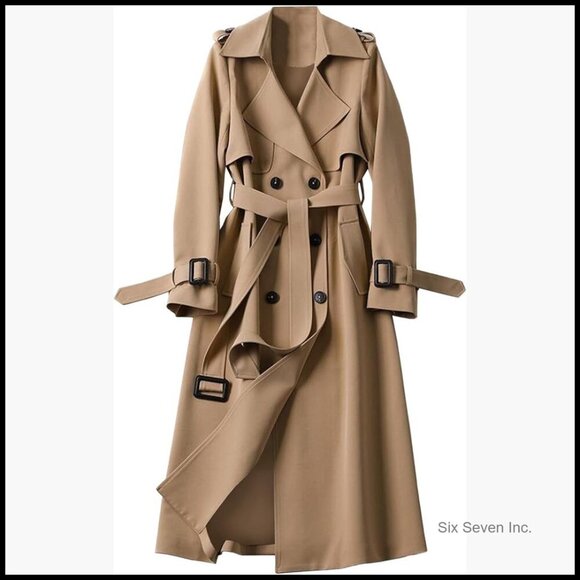 Jackets & Blazers - Double Breasted Long Trench Coat Belted Notch Lapel Overcoat Windproof